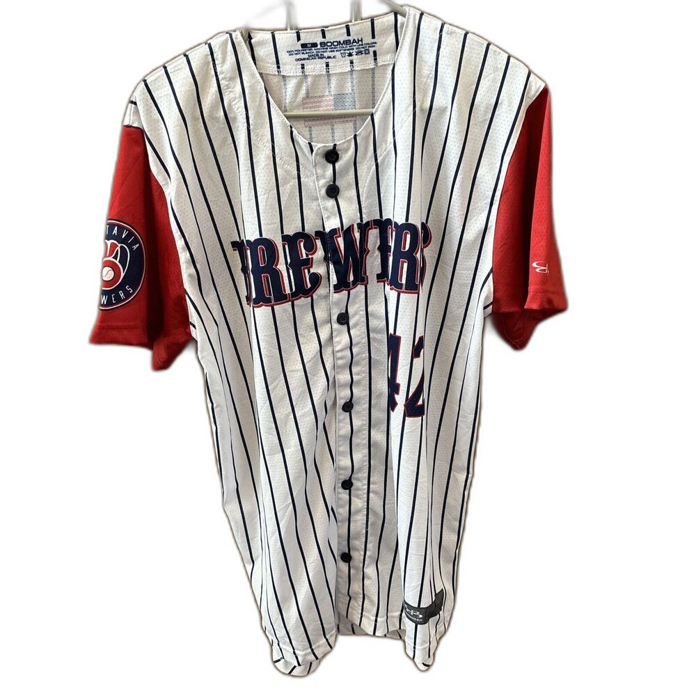 Boombah #42 White Short Sleeve Button Front Jersey Brewers Logo M Beckham Stripe